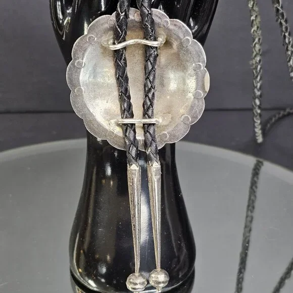 Navajo Turquoise And Coral Sterling Silver Bolo Tie Native American Vintage - Picture 5 of 11